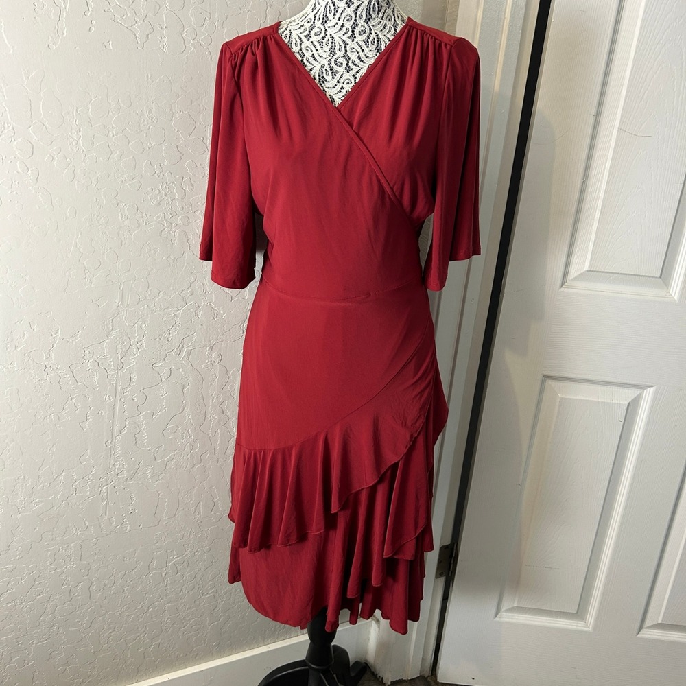 Kiyonna Faux Wrap Ruffle Midi Dress Womens 1X Red Plus Size Cocktail USA Made